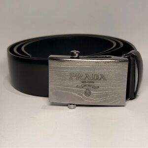 Prada Black Belt with Engraved Silver Buckle